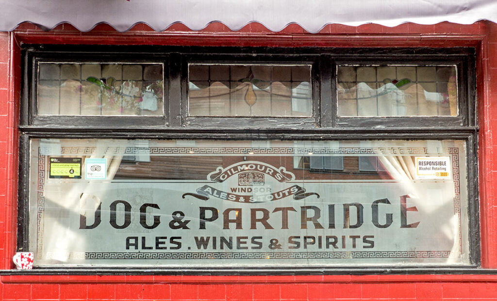 Dog & Partridge, Sheffield: 'Dog & Partridge' window