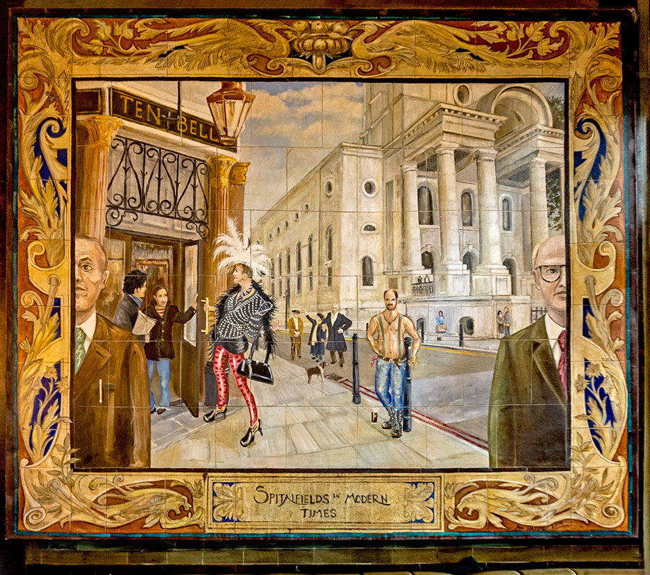 Ten Bells, Spitalfields: Tiled mural 'Spitalfields in modern times'