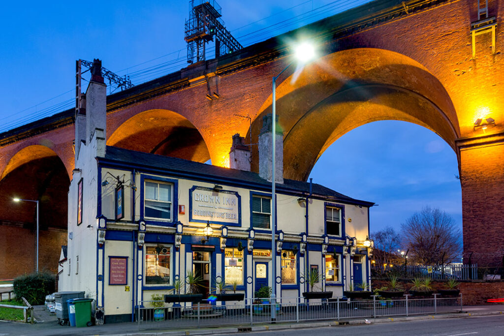 Crown, Stockport: Exterior at night in 2017