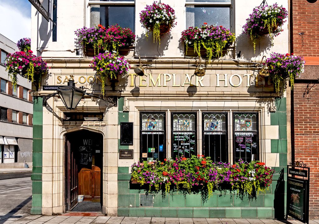 Templar, Leeds: Front of pub with buff and green tiling