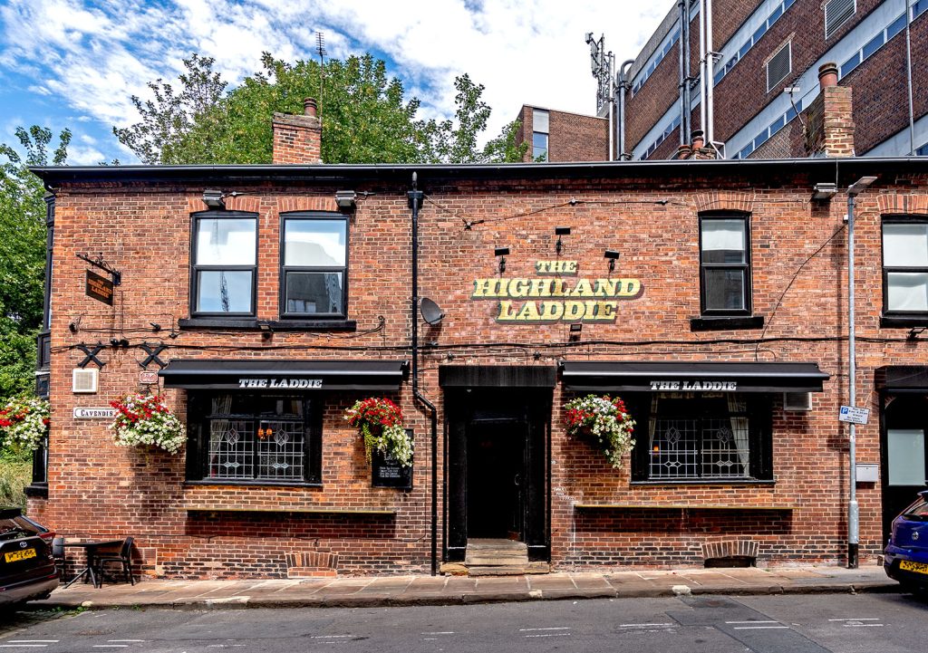 Highland Laddie, Leeds: Front of red-brick pub with "The Highland Laddie" painted on the wall.