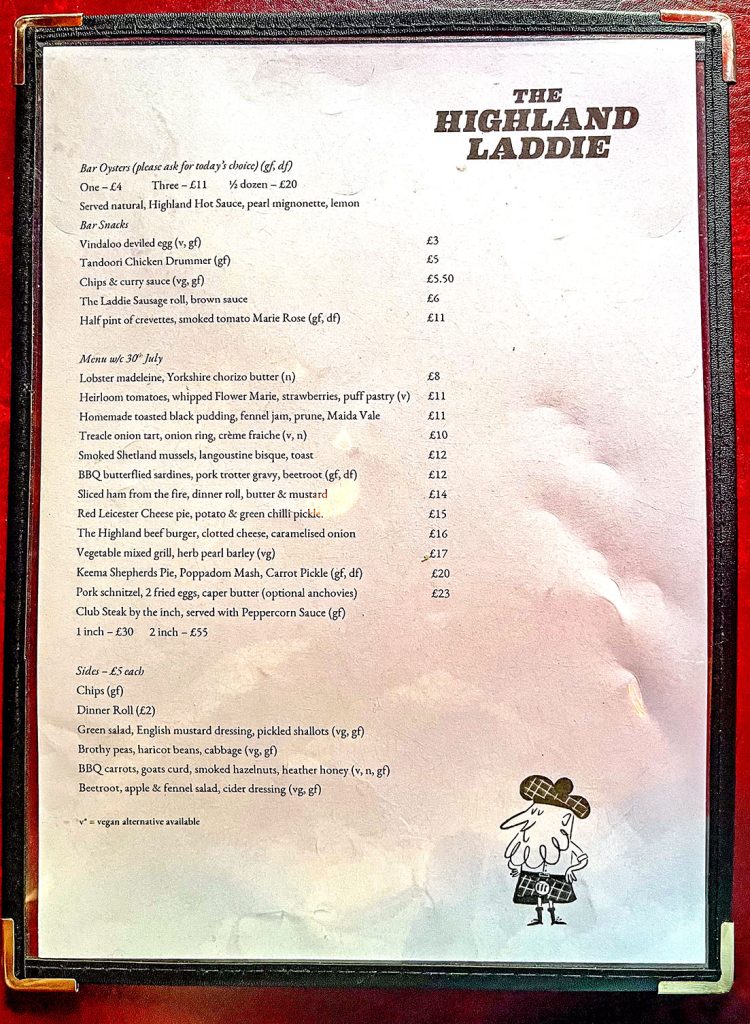 Highland Laddie, Leeds: Food menu