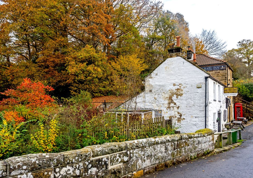 Birch Hall, Beck Hole: Pub garden in autumn colours with pub exterior exterior beyond.