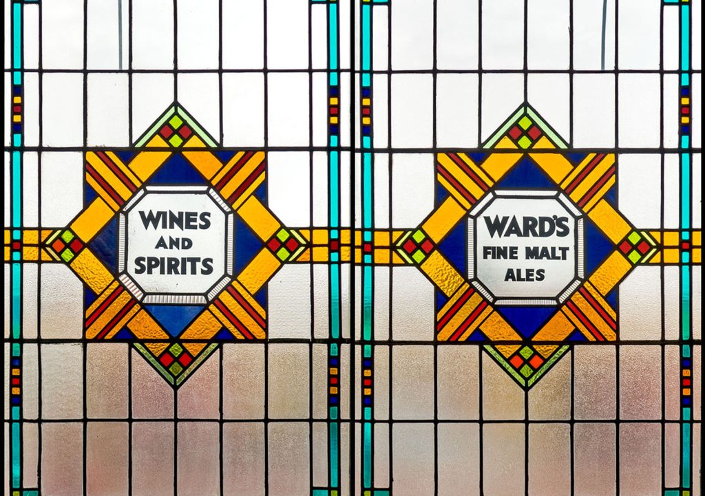 Riverside, Sheffield: Composite and reversed image of the two multi-coloured stained glass windows in the front room.